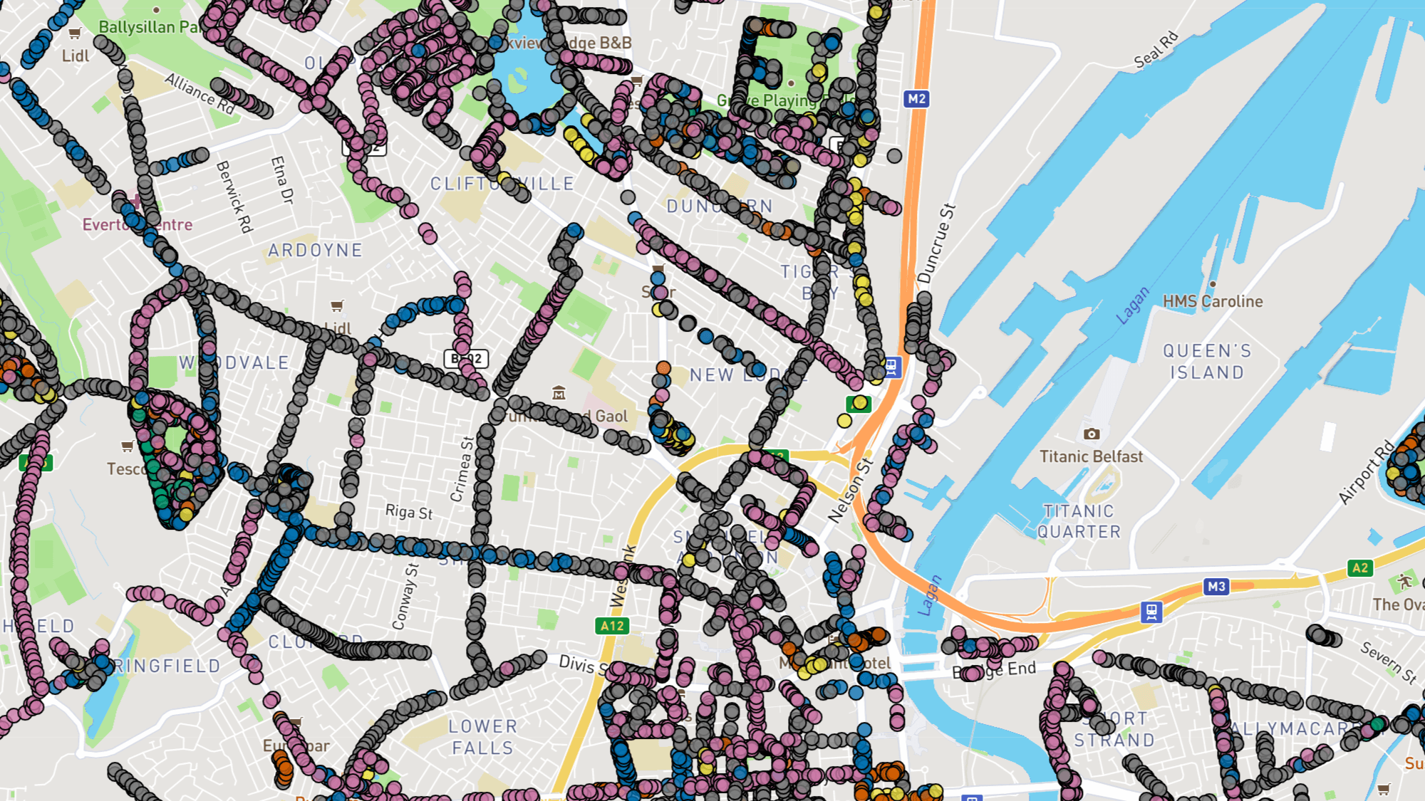 A digital street map showing trees as small coloured dots.