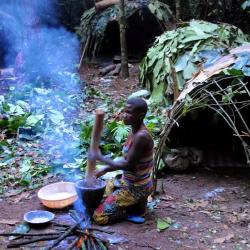 A Bayaka person prepares food by a fire in a forest clearing in the Central African Republic rainforest.